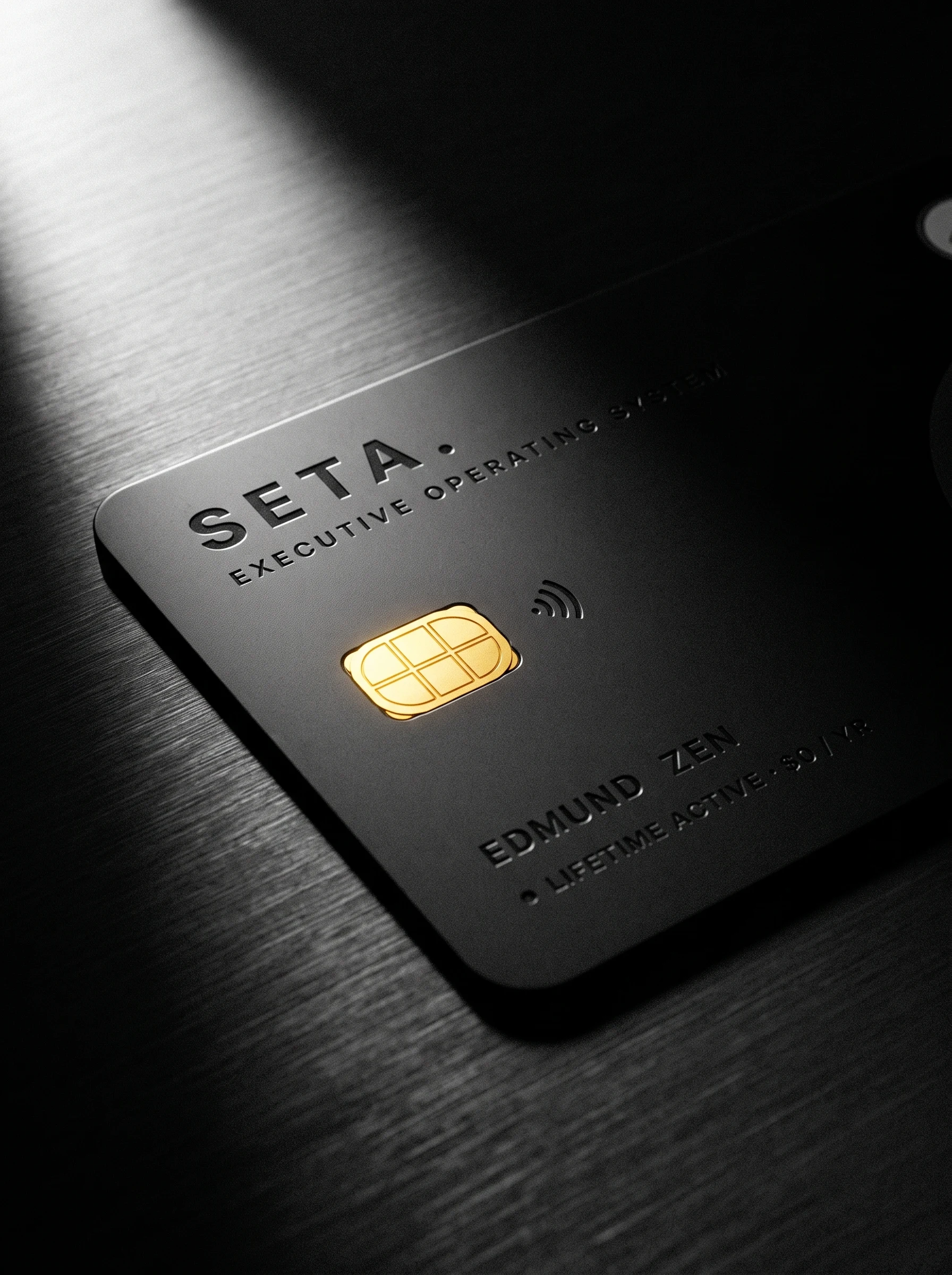 SETA. Founder Card on obsidian surface